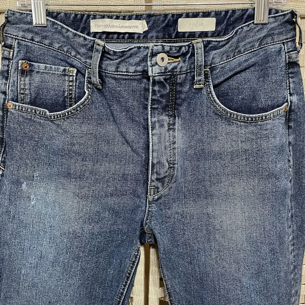Pilcro Crop Flare Jeans Size 28 Two Tone Blue Denim Raw Hem Button Fly 5 Pocket - Picture 3 of 10